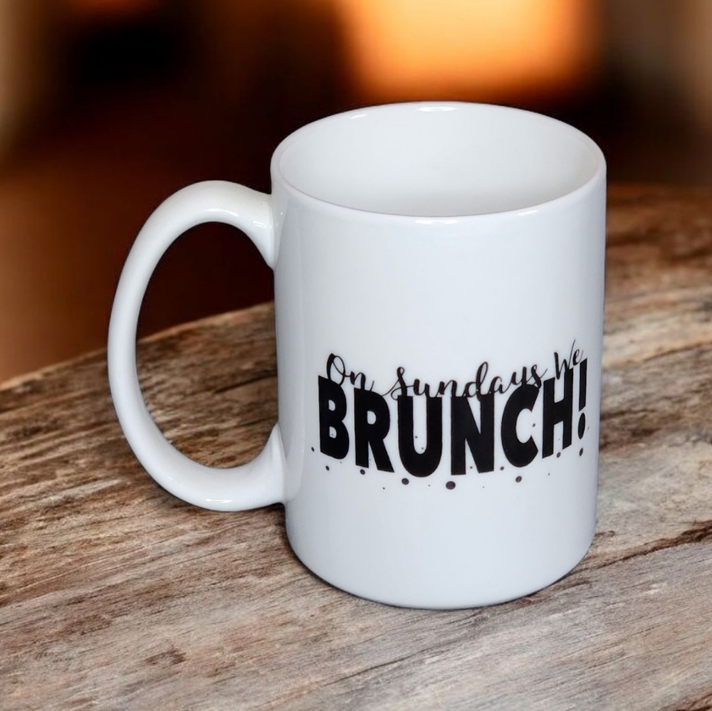 On Sundays We Brunch Crofton Bone China White Coffee Mug NEW
